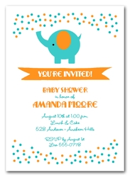 Elephant Teal and Orange Dots Baby Shower Invitations