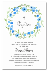 Blue Blooms Wreath Baptism Invitations