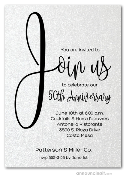 Join Us Shimmery White Business Anniversary Invitations