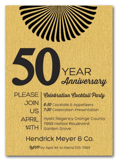 Sunburst Shimmery Gold Business Anniversary Invitations