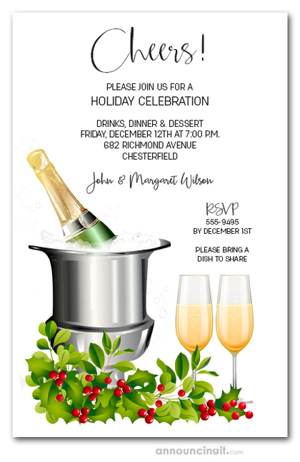 Champagne Bucket and Holly Holiday Invitations