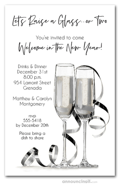 Noir Champagne & Streamers New Year's Eve Invitations