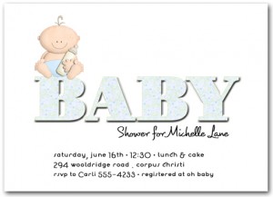 Baby sitting on large word "Baby" Baby Shower Invitations