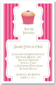 Cupcake on Pink Stripes First Birthday Invitation