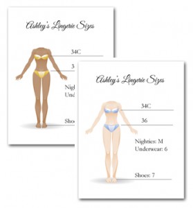 Lingerie Size Cards