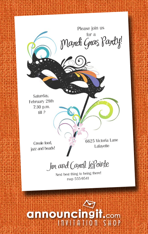 Carnival Black Mask Mardi Gras Party Invitations | See the entire collection at Announcingit.com