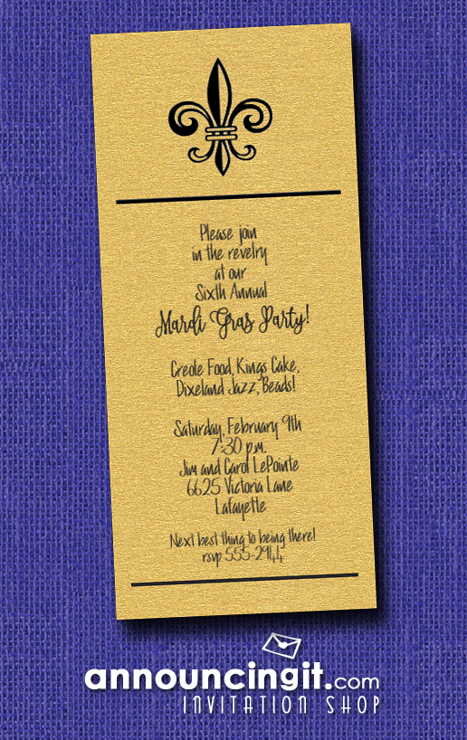 Fleur de Lis on Shimmery Gold Mardi Gras Party Invitations | See the entire collection at Announcingit.com