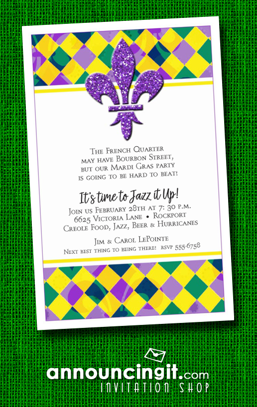 Glitter Fleur de Lis on Harlequin Mardi Gras Party Invitations | See the entire collection at Announcingit.com