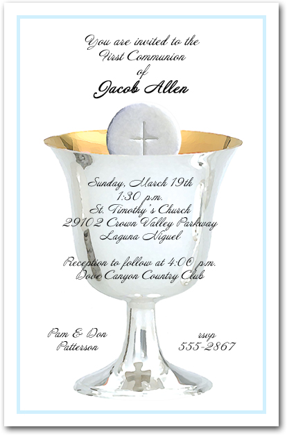 Blue Border Silver Chalice and Host Boys First Communion Invitations