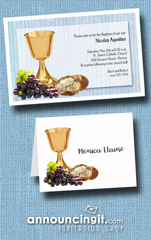 Chalice Grapes and Bread on Blue Boy's Baptism Invitations from Announcingit.com