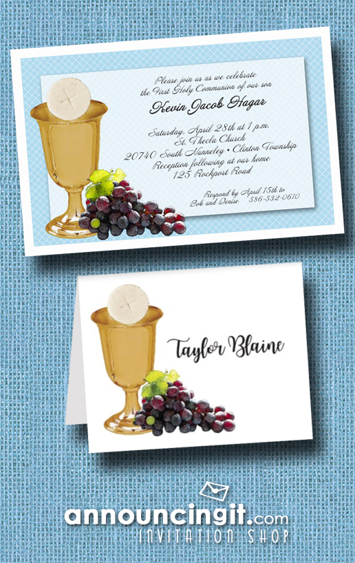 Chalice Wafer and Grapes on Blue Boy's First Communion Invitations from Announcingit.com