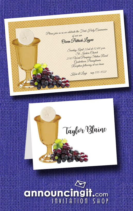 Chalice Wafer and Grapes on Gold First Communion Invitations from Announcingit.com