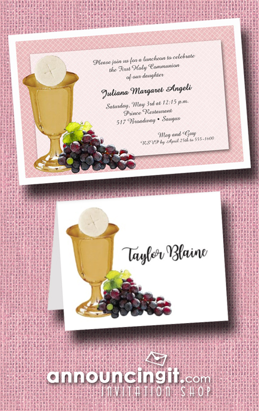 Chalice Wafer and Grapes on Pink Girl's First Communion Invitations from Announcingit.com