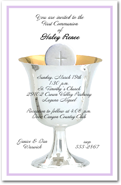 Lilac Border Chalice and Host First Communion Invitations