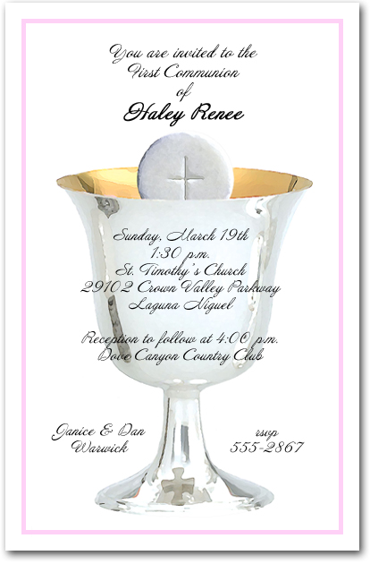 Pink Border Silver Chalice Girls First Communion Invitations