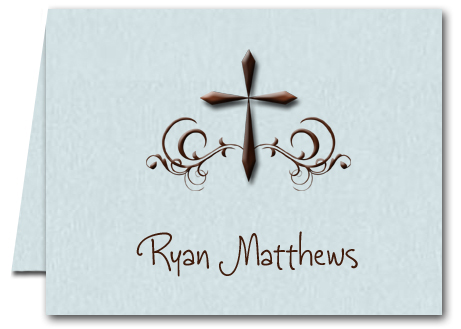 Swirled Brown Cross on Blue Religious Thank You Notes