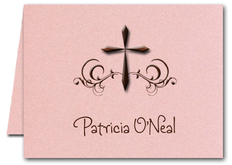 Swirled Brown Cross on Shimmery Pink Thank You Notes