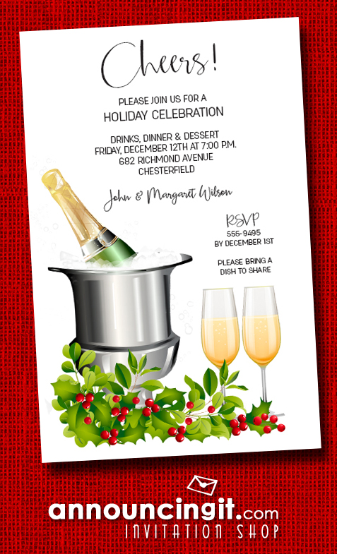 Champagne Bucket and Holly Christmas Holiday Invitations at Announcingit.com