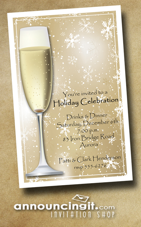 Champagne on Gold Snowflakes Holiday Christmas Party Invitations at Announcingit.com