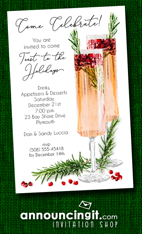 Pomegranate Rosemary Spritzer Holiday Christmas Party Invitations at Announcingit.com