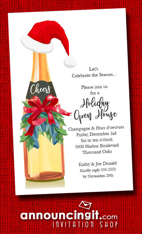 Santa Hat on Champagne Bottle Holiday Christmas Party Invitations at Announcingit.com