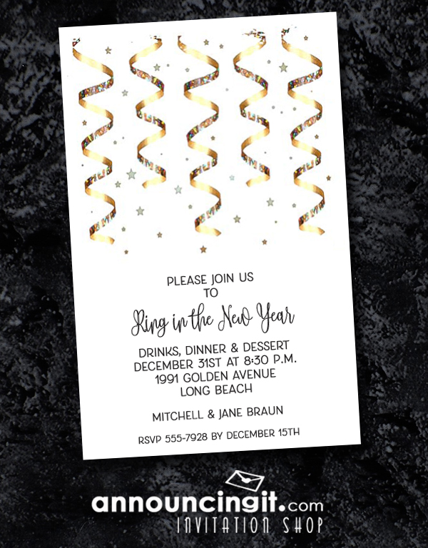 Gold Streamers and Stars New Year's Eve Party Invitations - See all our designs at Announcingit.com