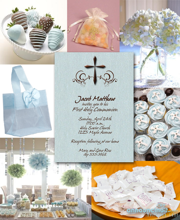 Blue and Brown First Communion Invitations and Party Ideas