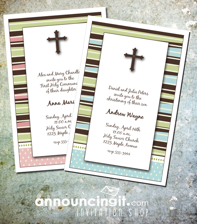 Brown Cross and Stripes First Communion Party Invitations