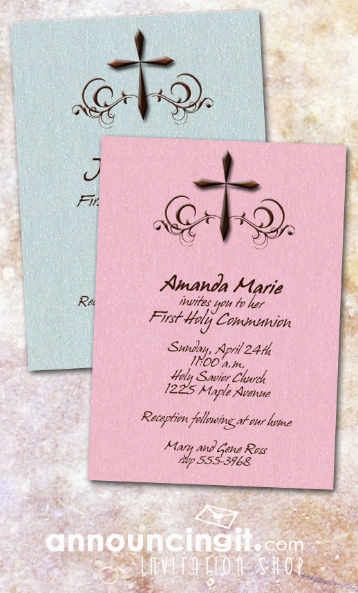 Brown Holy Cross First Communion Invitations