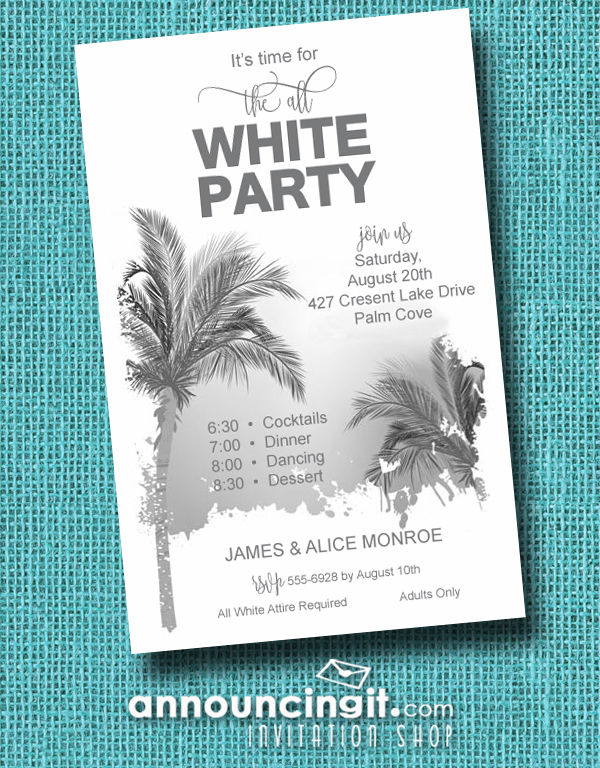 Palm Tree All White Party Invitations available at Announcingit.com