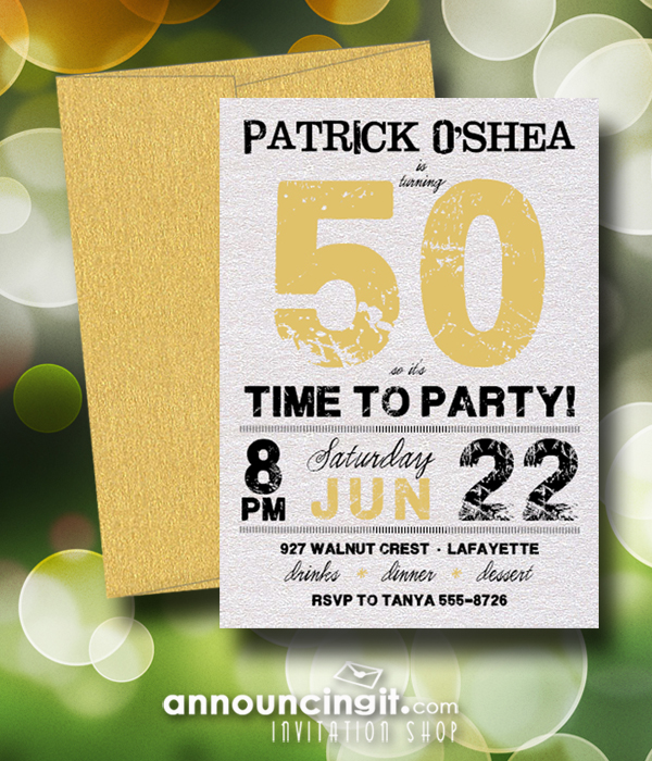 Shimmery Grunge Gold Birthday Party Invitations with shimmery envelopes - available in several colors at Announcingit.com