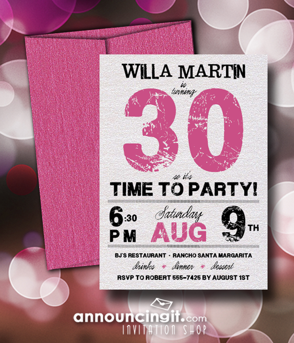 Shimmery Grunge Hot Pink Birthday Party Invitations with shimmery pink envelopes - available in several colors at Announcingit.com