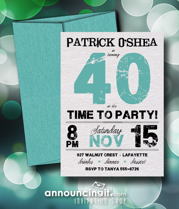 Shimmery Grunge Turquoise Birthday Party Invitations with matching shimmery turquoise envelopes - available in several colors at Announcingit.com