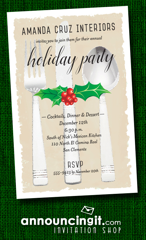 Holly & Berries on Flatware Holiday Christmas Party Invitations at Announcingit.com