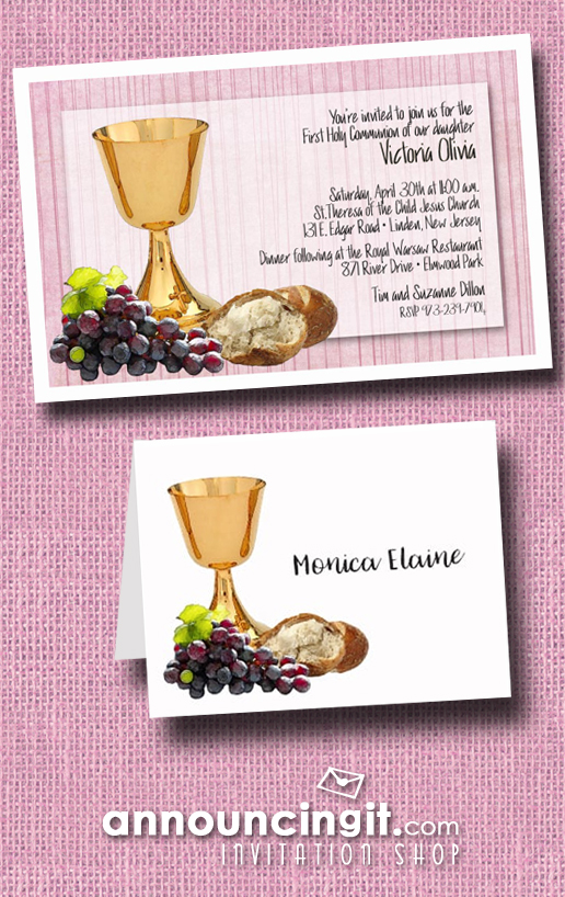 Chalice Grapes and Bread on Pink Girl's First Communion Invitations from Announcingit.com