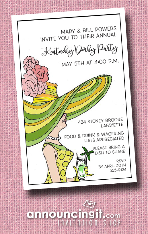 Derby Day Lady and Mint Julep Kentucky Derby Party Invitations and Mint Julep Recipes | See the entire collection at Announcingit.com