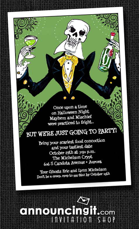 Elegant Skeleton Halloween Party Invitations at Announcingit.com