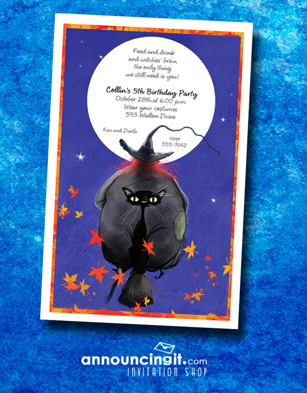 Witch and Cat Broomride Halloween Party Invitations