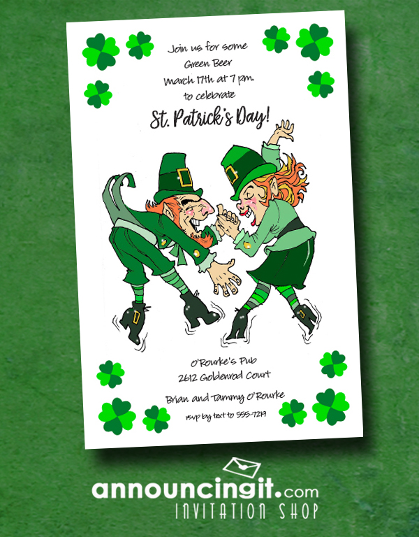 An Irish Leprechaun couple dance a lively jig on St. Patrick's Day on our Leprechaun Boogie St. Patrick's Day Party Invitations - perfect for any St. Patrick's Day celebration.