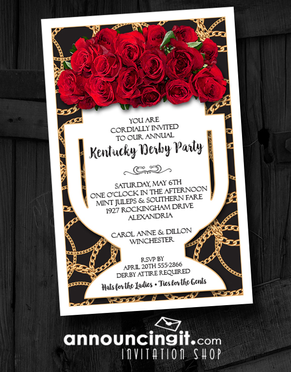 Vase of Roses on Black Kentucky Derby Party Invitations - See our entire collection at Announcingit.com