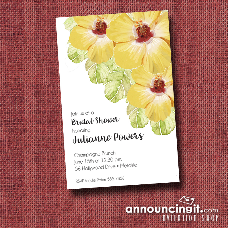 Yellow Hibiscus Floral Party Invitations available at Announcingit.com - Come see all our floral invitations, perfect for any special occasion.