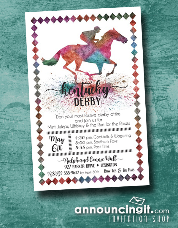 A brightly painted horse and jockey are racing towards the finish line - beautiful Kentucky Derby party invitations, derby themed bridal shower invitations, horse themed parties and more.