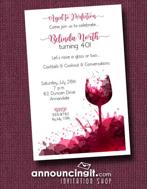 Red Wine Glass Splash Party Invitations for birthday party invitations, wine tasting party invitations, retirement party invitations, wedding rehearsal dinner party invitations, engagement party invitations and more. See more at Announcingit.com