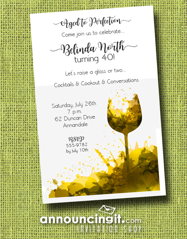 White Wine Glass Splash Party Invitations for birthday party invitations, wine tasting party invitations, retirement party invitations, wedding rehearsal dinner party invitations, engagement party invitations and more. See more at Announcingit.com