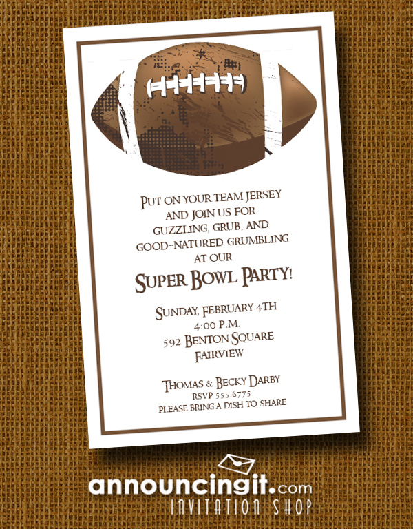 Brown Grunge Football Super Bowl Party Invitations at Announcingit.com