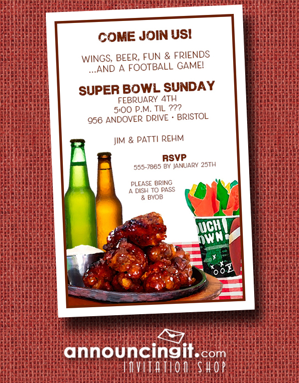 Buffalo Chicken Wings Super Bowl Party Invitations at Announcingit.com