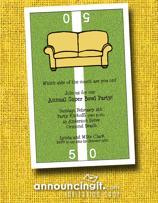 Fifty Yard Line Couch Super Bowl Party Invitations at Announcingit.com