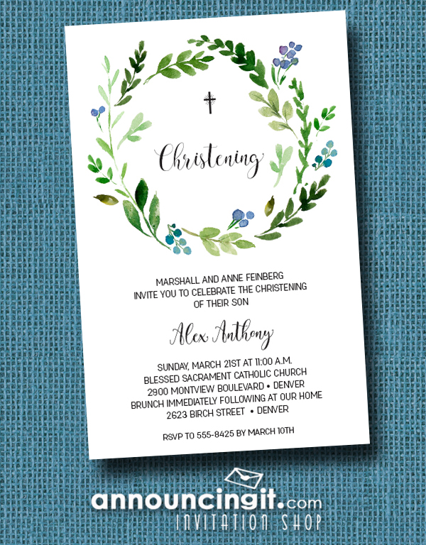 Blue Buds Wreath Baby Boy Christening Invitations at Announcingit.com