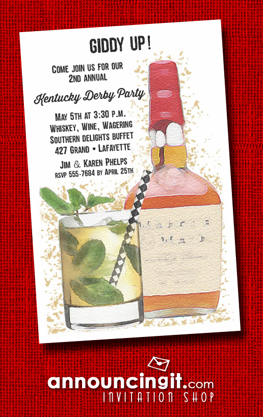 Bourbon Bottle and Mint Julep Kentucky Derby Party Invitations | See the entire collection at Announcingit.com