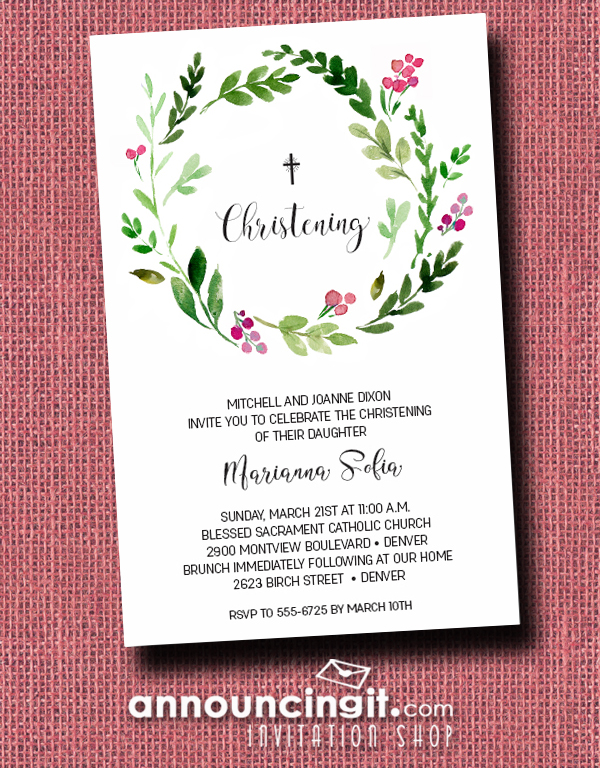Pink Buds Wreath Baby Girl Christening Invitations at Announcingit.com